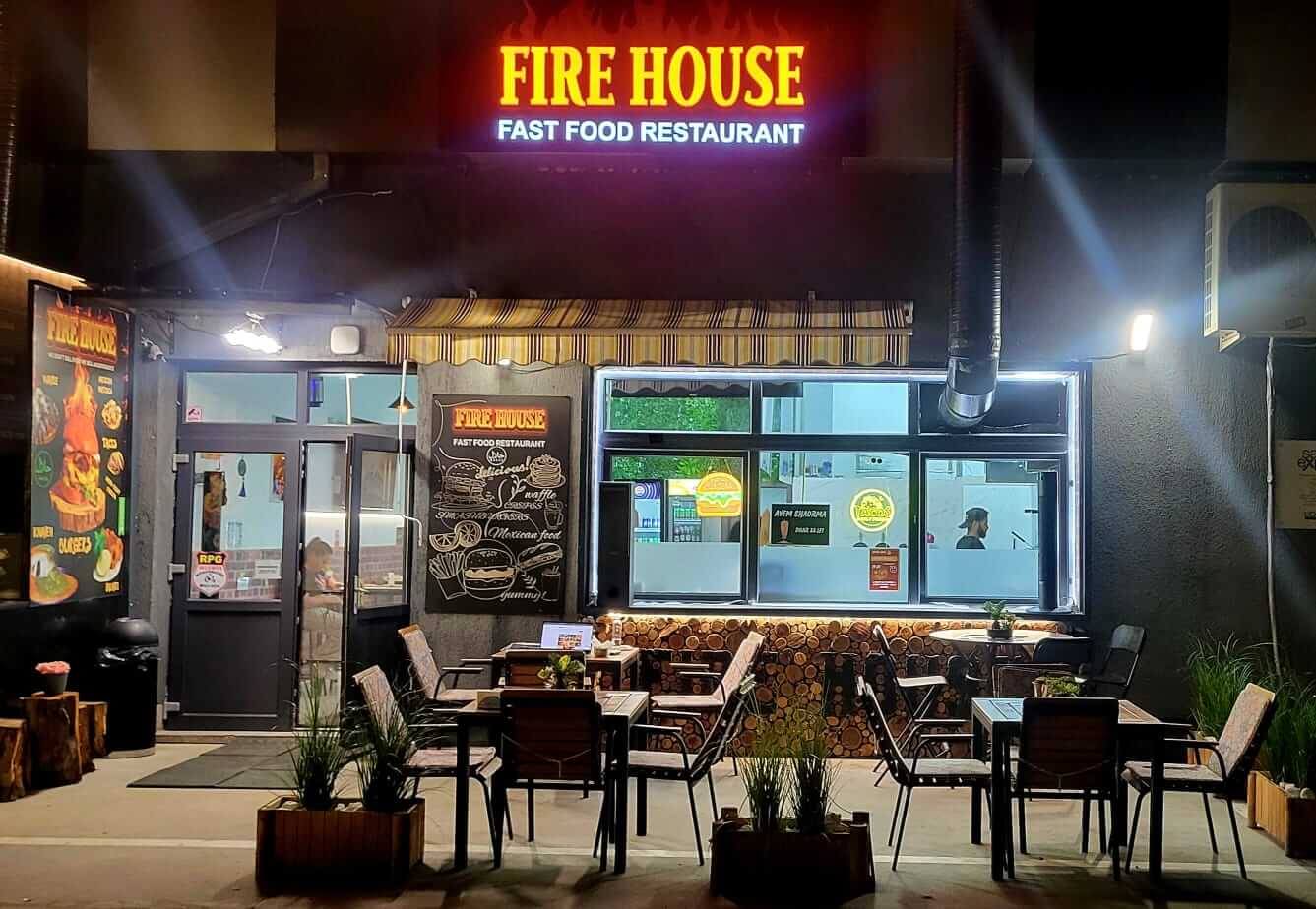 Fire House Restaurant exterior view - modern building facade in Bucharest